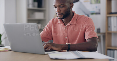 Buy stock photo Black man, laptop and typing with document, article comparison or review in creative office. Journalist, reading or tech in agency for website update, topic research or paperwork for planning