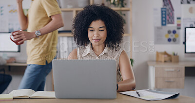 Buy stock photo Media agency, internet and woman with laptop, planning and online schedule for news report. Person, creativity and journalist with pc, ideas and magazine editor with deadline and research for article