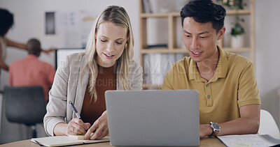 Buy stock photo Team, research and people with laptop, online and performance review of digital ads and conversation. Media buyer, meeting and collaboration with tech for project, strategy and campaign on website