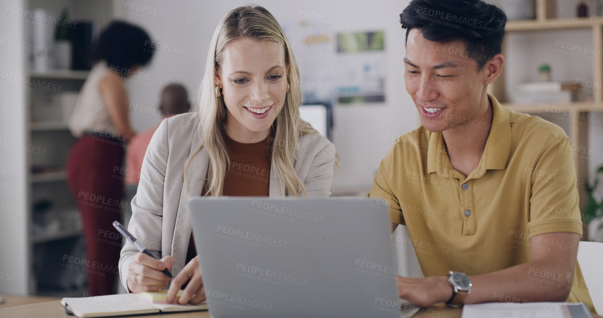 Buy stock photo Creative, team and people with laptop, online and performance review of digital ads and conversation. Media buyer, meeting and collaboration with tech for project, strategy and campaign on website