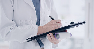 Buy stock photo Hands, doctor and writing with document at clinic for healthcare, thermometer and symptoms information. Man, clipboard and evaluation checklist for prescription list, test results and medical report