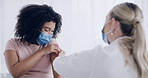 Healthcare mask, doctor or woman with injection in clinic for flu vaccine, medicine or immune booster. Immunization, expert and patient in hospital for influenza shot, medical service and treatment