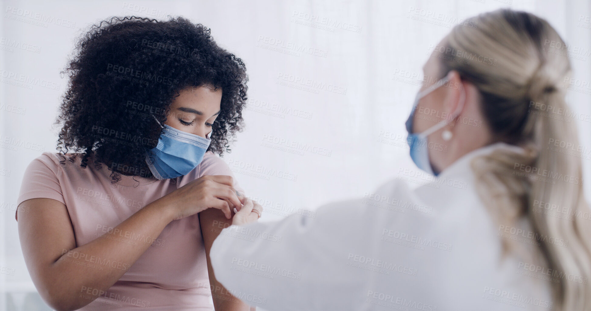 Buy stock photo Healthcare mask, doctor or woman with injection in clinic for flu vaccine, medicine or immune booster. Immunization, expert and patient in hospital for influenza shot, medical service and treatment