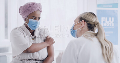 Buy stock photo Women, doctor and talk for flu vaccine at clinic, explain or immune system booster with face mask. People, medical expert and patient with ppe, pharmaceutical shot and virus prevention at hospital