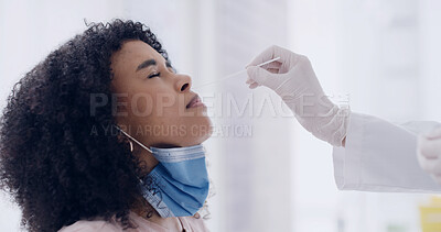 Buy stock photo Covid, pcr test and cotton swab with woman and doctor for consulting, medical and virus analysis. Global pandemic, results and research with patient and healthcare worker for safety and protection