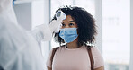Thermometer, face mask and hands of doctor with woman in hospital for fever at medical consultation. Temperature test, checkup and healthcare worker with female patient for virus screening in clinic.