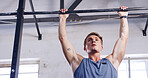 Workout, pull up bar and fitness with man in gym for ab exercise, health and challenge. Strength training, bodybuilder and low angle with person in sports club and equipment for athlete and strong