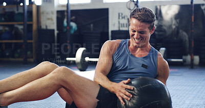 Buy stock photo Fitness, man and exercise in gym with medicine ball, strength training and muscle development. Person, torso twist and core workout in health club with equipment for healthy body, wellness and goals.