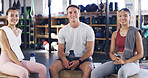 Portrait, athlete and people relax at gym for fitness, training pride and break from recovery. Smile, group and women resting with personal trainer, sports workout and membership for wellness goals