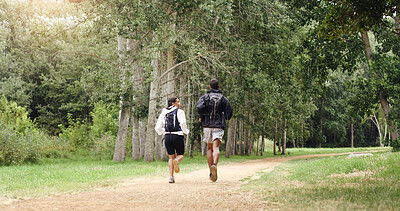 Buy stock photo Running, forest and back of couple for fitness, exercise and cardio workout together in morning. Nature, hiking trail and man with woman training for wellness, health and challenge outdoor for hobby