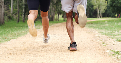 Buy stock photo Fitness, legs and back of couple running in forest for health, wellness or training outdoor. Man, woman and shoes of trail runner in woods for cardio workout, endurance exercise or practice in nature
