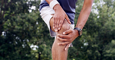 Buy stock photo Nature, fitness and hands of man with knee pain, injury or accident for workout in morning. Inflammation, sports and athlete with muscle sprain or torn ligament in leg outdoor in park for exercise.