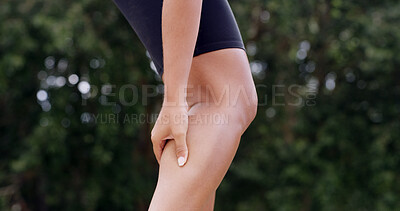 Buy stock photo Fitness, hands and runner with calf injury outdoor with muscle fatigue, leg pain and workout strain. Athlete, person and hamstring cramp in nature with joint inflammation, exercise sprain and bokeh
