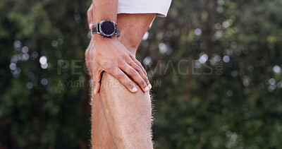 Buy stock photo Fitness, hands and man with calf injury outdoor with muscle fatigue, leg pain and workout strain. Space, bokeh or runner with hamstring cramp in nature with joint inflammation, running sprain or ache