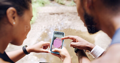 Buy stock photo Hands, people and phone screen with personal trainer, outdoor and point for exercise program on ui. Coach, client and smartphone with scroll, info and guide on mobile app for fitness at nature park