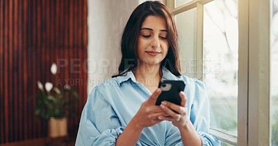 Buy stock photo Phone, networking and businesswoman in office with communication, email or contact on mobile app. Technology, connectivity and corporate employee with cellphone for social media or online research.