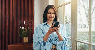 Buy stock photo Cellphone, networking and businesswoman in office with communication, email or contact on mobile app. Technology, connectivity and creative director with phone for social media or online research.