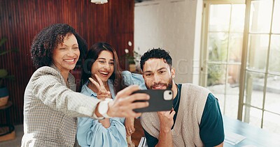Buy stock photo Smile, peace sign and selfie with business people in office for social media post, teamwork and happy. Profile picture, online photography and partnership with group of employees in creative agency