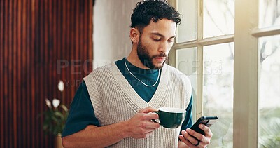 Buy stock photo Coffee, phone and business man in office to check news report, email or online review by window. Tea, mobile and creative journalist on internet for reading text, communication or update headline