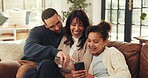 Parents, girl and relax with phone on couch, laugh and streaming funny video, game or bonding in lounge. Dad, mother and daughter with love, smartphone and app with comic post on web at family house
