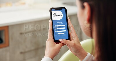 Buy stock photo Hands, person and phone screen in dentist office for life insurance, application and sign up. Woman, mobile app and reading on website, membership benefits and registration information for protection