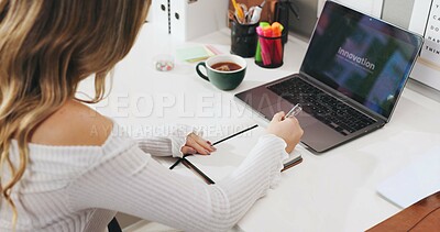 Buy stock photo Writing, student and woman in house with laptop screen, e learning and research in innovation. Digital, college and scholar in home with tech, virtual course and remote education for design skills.