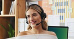 Happy woman, agent or laptop with headset in home for online customer service or communication. Female person, consultant or freelancer with smile for virtual assistance, advice or help in house