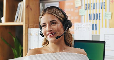 Buy stock photo Happy woman, agent or laptop with headset in home for online customer service or communication. Female person, consultant or freelancer with smile for virtual assistance, advice or help in house
