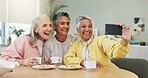 Coffee, laughing and selfie with senior friends in dining room of home together for memories. Beverage, funny and photograph with old people in apartment for bonding, picture or social media
