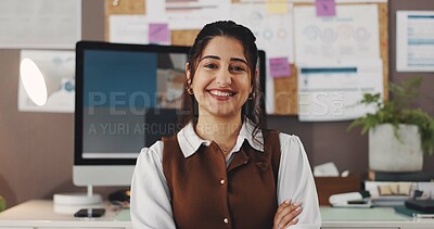 Buy stock photo Smile, portrait and business woman in home office for seo specialist, kpi tracking or research analyst. Growth chart, performance report or online campaign with person in house for remote work
