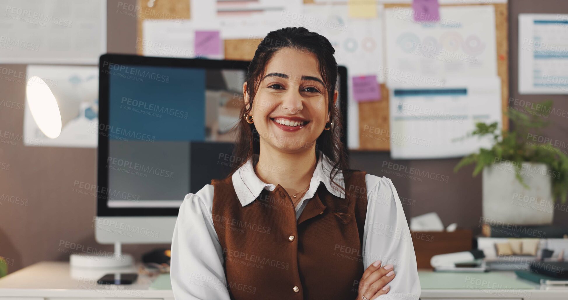 Buy stock photo Smile, portrait and business woman in home office for seo specialist, kpi tracking or research analyst. Growth chart, performance report or online campaign with person in house for remote work