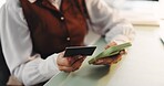 Hands, phone and credit card for payment, ecommerce or banking in office. Procurement officer, tech and person for online shopping, internet sales and password for digital finance app and technology