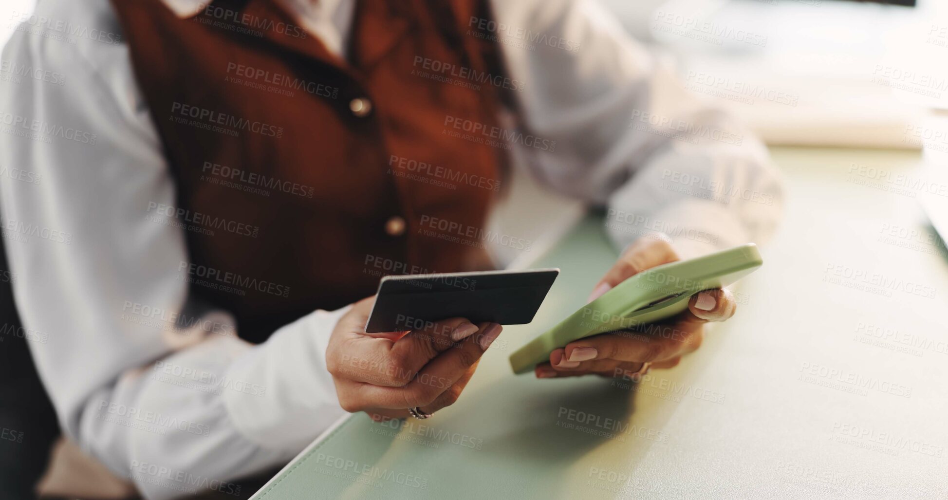 Buy stock photo Hands, phone and credit card for payment, ecommerce or banking in office. Procurement officer, tech and person for online shopping, internet sales and password for digital finance app and technology