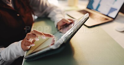 Buy stock photo Finance, hands and tablet with business woman at desk in office for review of charts or data. App, infographic and research with financial employee in workplace for development or portfolio growth