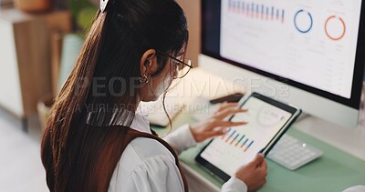 Buy stock photo Woman, freelancer and tablet with graphs at house for accounting, analytics and finance balance. Above, female person and tech screen with stats analysis, financial market trends and risk management