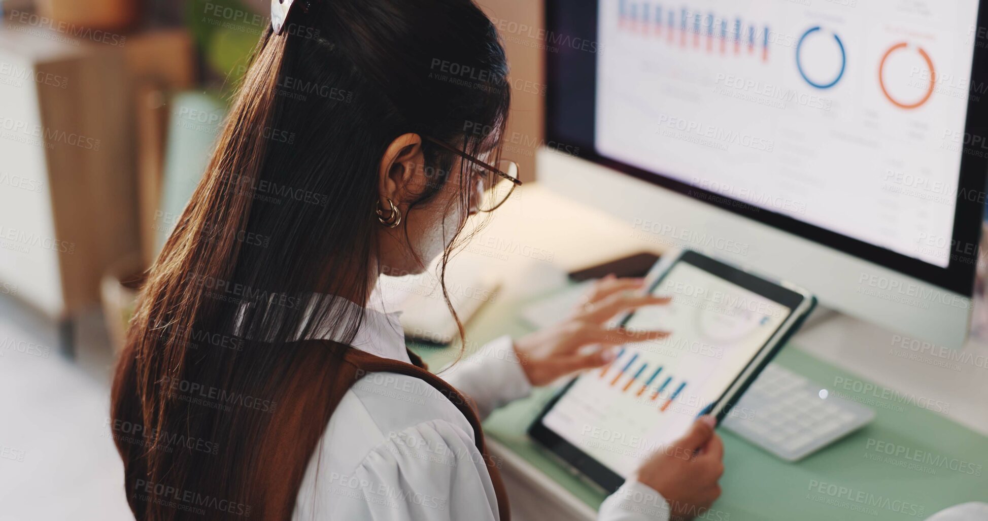 Buy stock photo Woman, freelancer and tablet with graphs at house for accounting, analytics and finance balance. Above, female person and tech screen with stats analysis, financial market trends and risk management