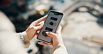 Business woman, hands or phone screen with fast food app for delivery order, lunch break or menu choice. Above, outdoor and employee with search option for takeaway meal, online shopping or ecommerce