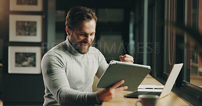Buy stock photo Excited, employee and man with tablet, night or happy for investment opportunity or business growth. Laughing, accountant and person with smile for good news, career development and achievement