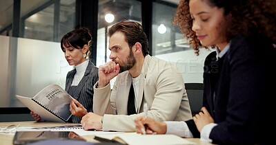 Buy stock photo Meeting, business and people listen in office for intern training, speech and speaker feedback. Staff, attention and employee team for upskill coaching, planning and information for proposal briefing