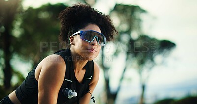 Buy stock photo Exercise, thinking and tired with woman in forest for break, challenge or performance as runner. Fatigue, fitness and recovery with athlete person outdoor in nature for marathon, training or workout
