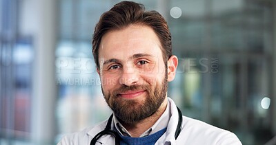 Buy stock photo Happy, man and doctor with portrait in hospital for career pride, about us and healthcare services. Smile, male person and ambition for medical support, cardiology surgeon and confidence for wellness