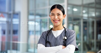 Buy stock photo Portrait, woman and doctor with arms crossed in hospital for career pride, about us and healthcare service. Happy, female person and ambition of medical support, cardiology intern and wellness clinic