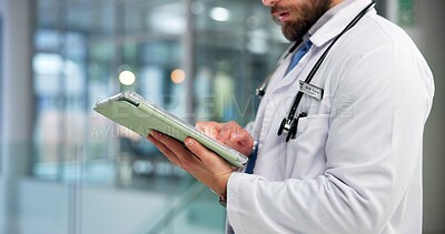 Buy stock photo Doctor, hands and tablet in hospital for healthcare report, research and insurance information. Technology, medical professional and man with wellness email, telehealth app and check schedule