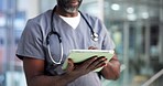 Surgeon, hands and tablet in hospital for healthcare report, research or insurance information. Technology, medical nurse and mature man with wellness email, telehealth app and patient records