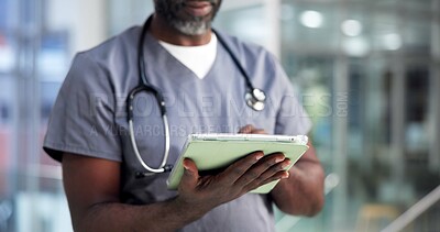 Buy stock photo Surgeon, hands and tablet in hospital for healthcare report, research or insurance information. Technology, medical nurse and mature man with wellness email, telehealth app and patient records