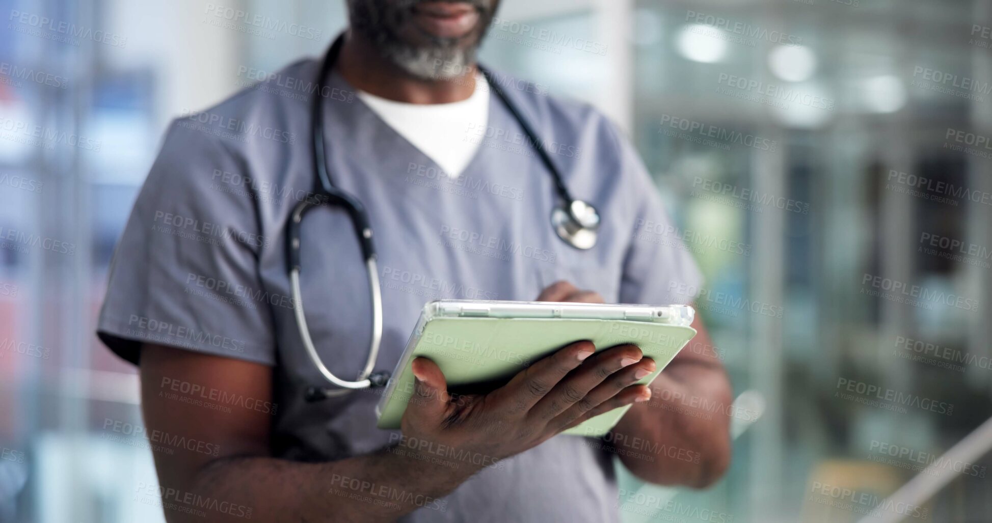 Buy stock photo Surgeon, hands and tablet in hospital for healthcare report, research or insurance information. Technology, medical nurse and mature man with wellness email, telehealth app and patient records