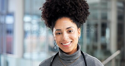 Buy stock photo Portrait, doctor and happy woman in clinic for medical career, wellness and about us. Face, healthcare professional and African person with confidence, expert cardiologist and physician in hospital