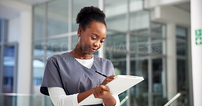 Buy stock photo Clipboard, nurse and black woman in hospital, writing and schedule with healthcare. African person, medical service and surgeon in clinic, documents and information with checklist, review or wellness