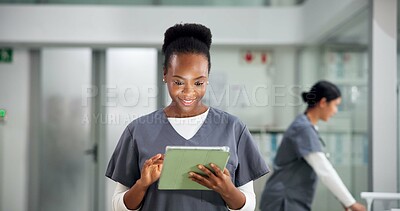 Buy stock photo Nurse, happy woman and tablet in clinic for healthcare report, research or insurance information. Technology, medical professional and person with wellness email, telehealth feedback and schedule