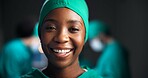 Portrait, surgeon and happy woman in emergency room for medical career, wellness and about us. Face, healthcare professional and doctor with confidence, surgery expert and physician in hospital